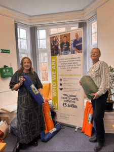 new capital link , georgina rigby giving donation of sleeping bags and tents to chess homeless